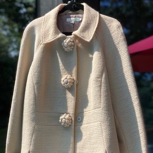 BODEN white blazer coat top with flower buttons and silky lavender inside